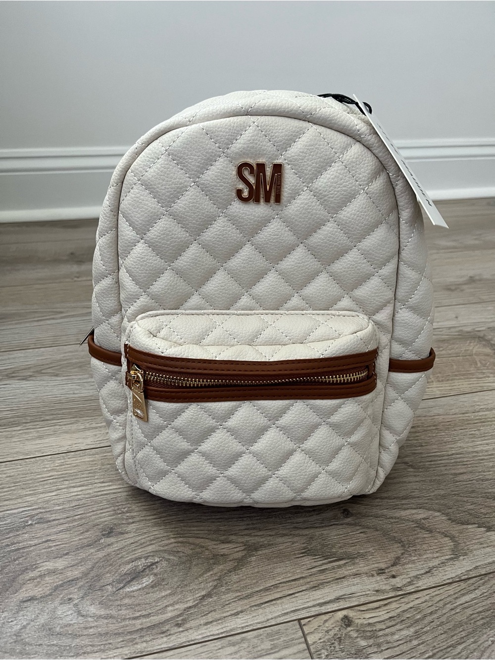 Steve Madden Cream Quilted Mini Backpack with Brown Trim